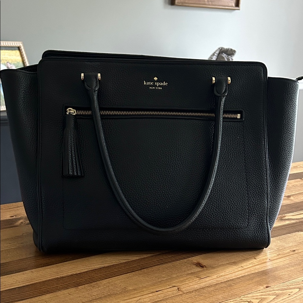 kate spade Black Pebbled Leather Tote with Front Zip and Tassel